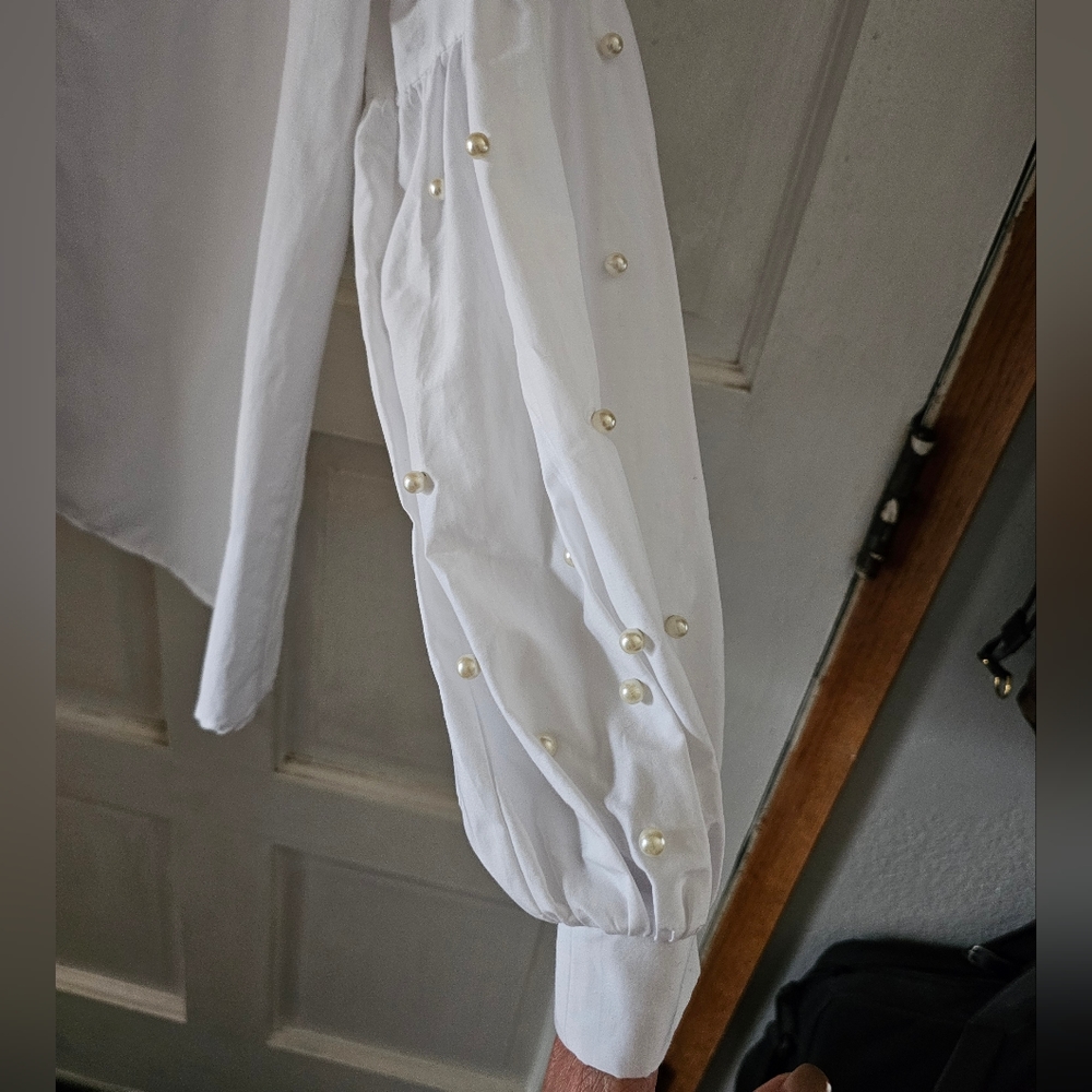 Zara Basic Edition Pearl Balloon Sleeve White Button-down Shirt Sz XS - Picture 6 of 7